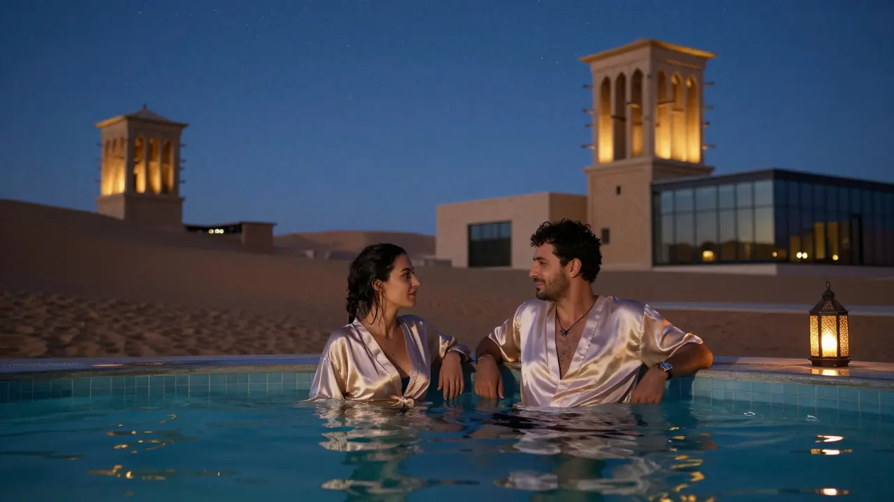 Two people relaxing in a heated pool under desert stars, surrounded by architecture.