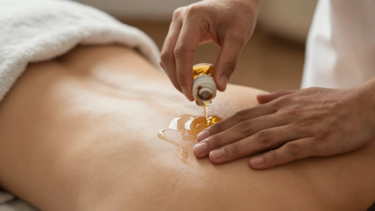 Warm oil being poured onto a bare back during a Swedish massage, hands in focus.