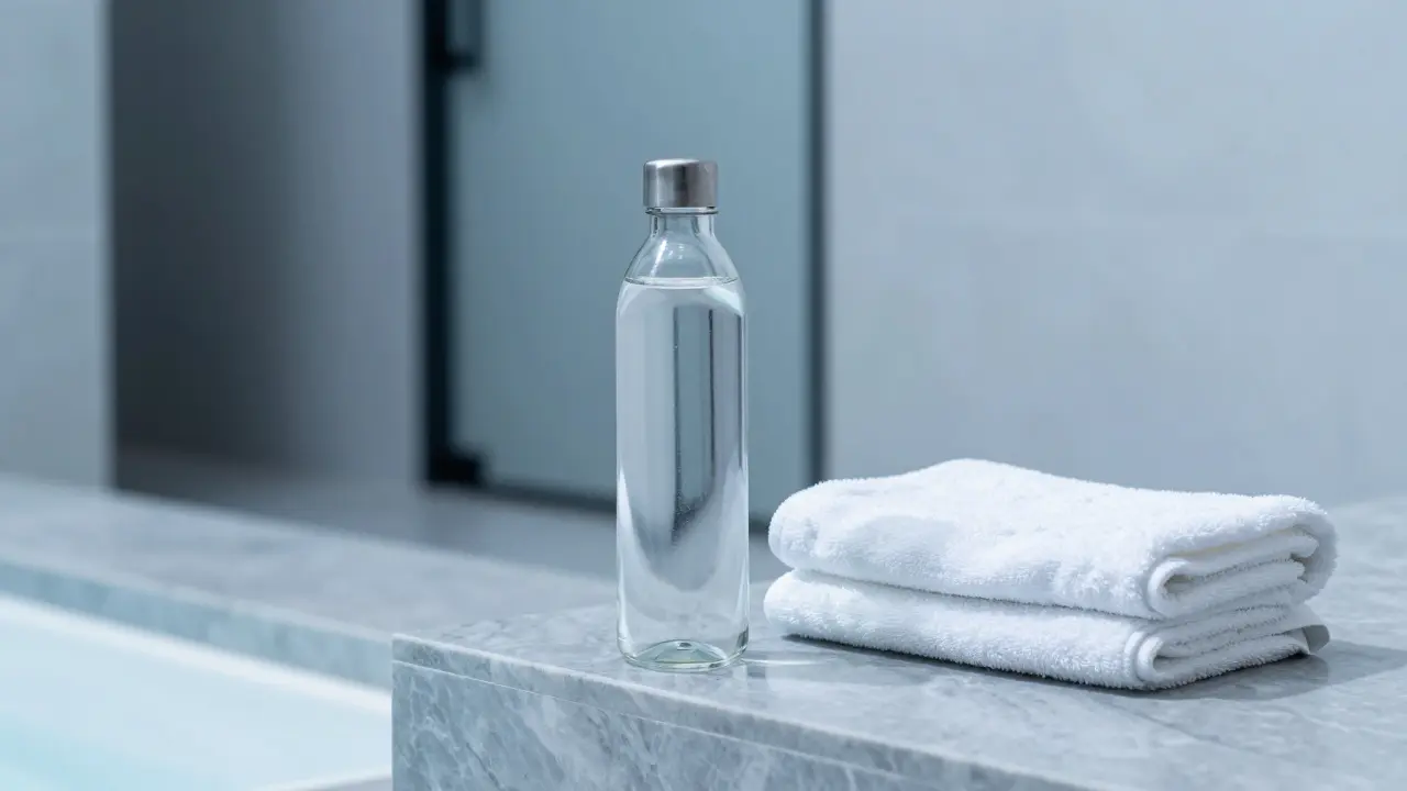 Water bottle and towel on marble surface for hydration.