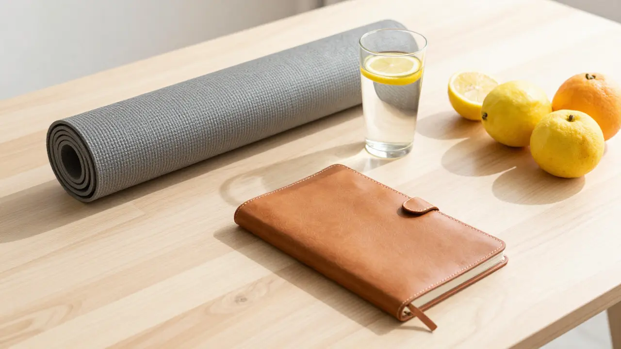 Wellness tools like yoga mat and water on table.