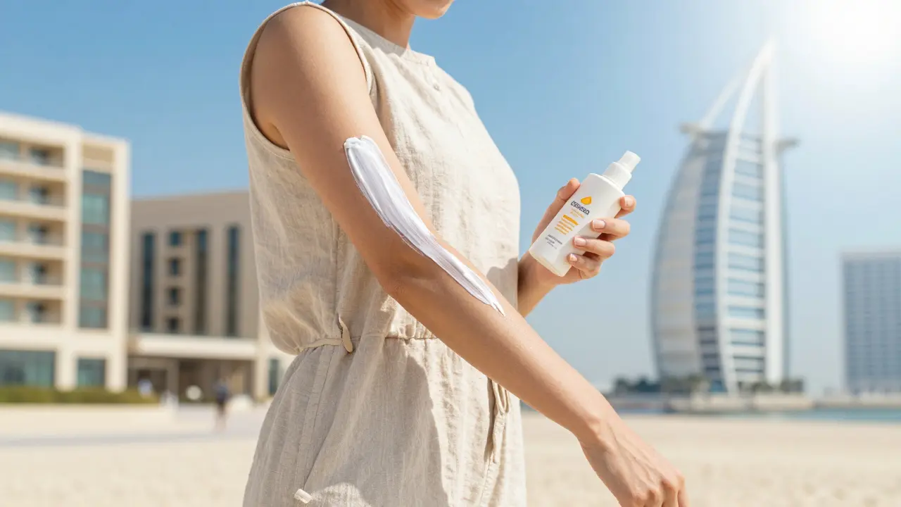 Woman applying sunscreen lotion on arm in bright sunshine