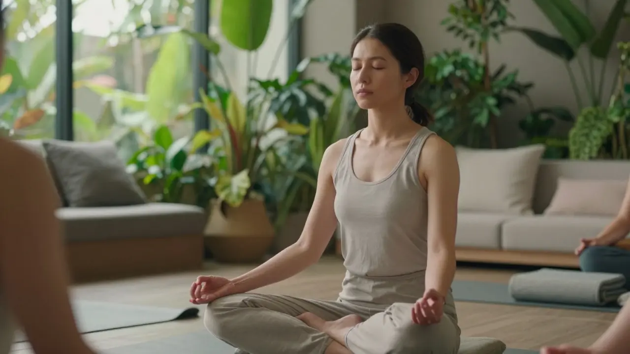 Woman practicing mindfulness meditation in indoor garden.
